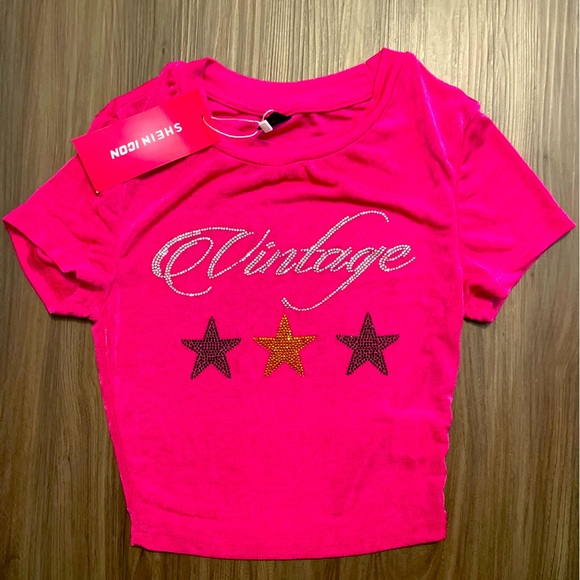 SHEIN Pink Vintage Script Tee Short Sleeve size XS-NWT - Picture 1 of 4